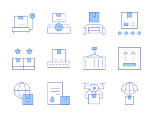 Logistics icons. Line Duotone style, editable stroke. package, logistics, box, delivery, container, drone, rating, parachute, side up