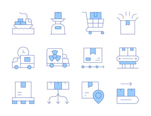 Logistics icons. Line Duotone style, editable stroke. package, freight, logistics, delivery time, truck, distribution, conveyor belt, scale, delivery box, conveyor