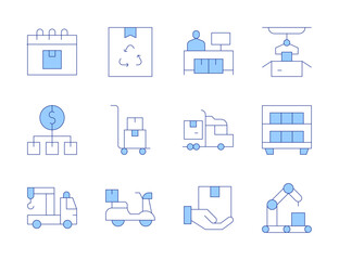 Logistics icons. Line Duotone style, editable stroke. recycling, trolley, logistic, pick, logistics, shelf, conveyor, packaging, shipping, value chain, tow truck