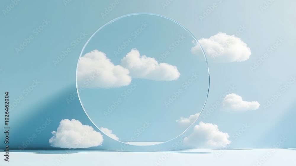 Aufkleber 5. a clear blue 3d render featuring gentle white clouds floating before a circular shape, offering a