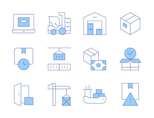 Logistics icons. Line Duotone style, editable stroke. warehouse, stack, cargo crane, construction vehicle, box, fragile, ship, cash on delivery, delivery, shipping time, laptop
