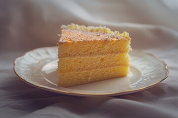 A slice of cake on a plate on a bed, perfect for a romantic getaway or morning meal