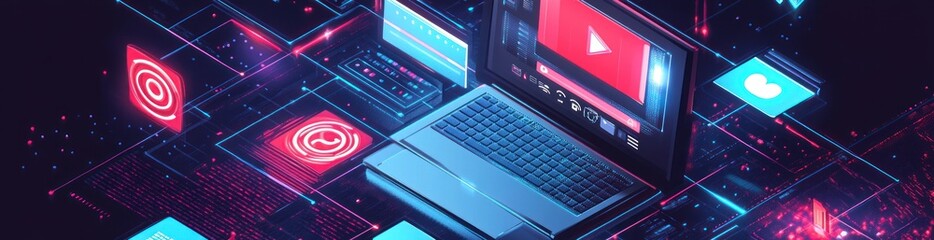 A digital workspace featuring a laptop and various social media icons.