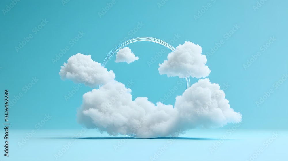 Poster 5. a clear blue 3d render featuring gentle white clouds floating before a circular shape, offering a
