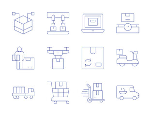 Logistics icons. Thin Line style, editable stroke. distributed, box, package, logistic, truck, delivery car, recycled, laptop, trolley, conveyor belt, drone delivery, delivery box