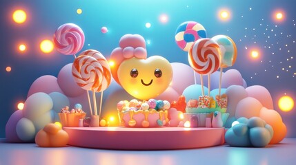 Obraz premium A colorful candy-themed display with lollipops and a smiling heart-shaped balloon.