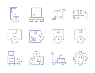 Logistics icons. Thin Line style, editable stroke. discrepancy, delivery time, hand truck, package, location, delivery, cash on delivery, shipping time, conveyor