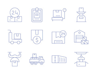 Logistics icons. Thin Line style, editable stroke. distribution, box, logistics, container, invest, hours, scale, trolley, warehouse, drone delivery, packaging, clipboard