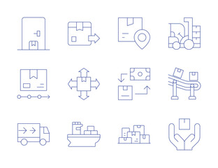 Logistics icons. Thin Line style, editable stroke. distribution, shipment, logistics, conveyor belt, truck, secure, cash on delivery, boxes