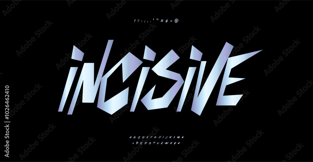 Poster acute rough alphabet, sharp geometric letters, incisive font for funny logo, angular dynamic headlin