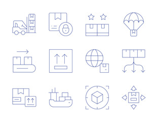 Logistics icons. Thin Line style, editable stroke. ship, rating, logistic, target, side up, forklift, parcel, conveyor belt, distribution, this side up, delivery box