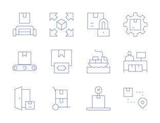 Logistics icons. Thin Line style, editable stroke. weighing scale, logistics, conveyor belt, logistic, delivery, shipping, freight, extendable, cash on delivery, trolley, padlock