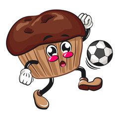 kawaii cartoon chocolate muffin with chocolate chip character mascot isolated vector illustration dribbling a football or soccer ball, work of hand drawn