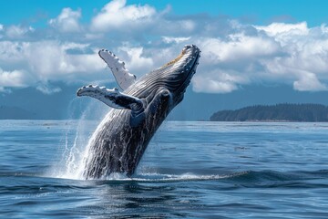 Naklejka premium Majestic Humpback Whale Breaching Dramatically Against Blue Sky Ocean Backdrop