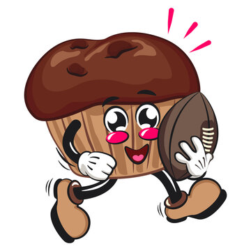 recommend clip art: kawaii cartoon chocolate muffin with chocolate chip character mascot isolated vector illustration playing rugby and american footbal, work of hand drawn