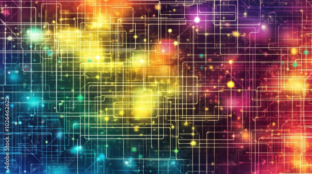 Poster bright, glowing lines in a complex pattern, highlighting digital technology and futuristic themes in