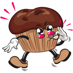 kawaii cartoon chocolate muffin with chocolate chip character mascot isolated vector illustratio is blowing the whistle, work of hand drawn