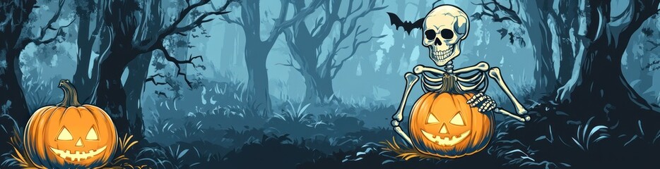A spooky scene featuring a skeleton with pumpkins in a dark, misty forest.