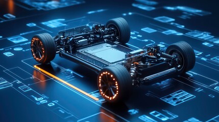 A 3D rendering of an electric car chassis with glowing wheels and a battery pack.