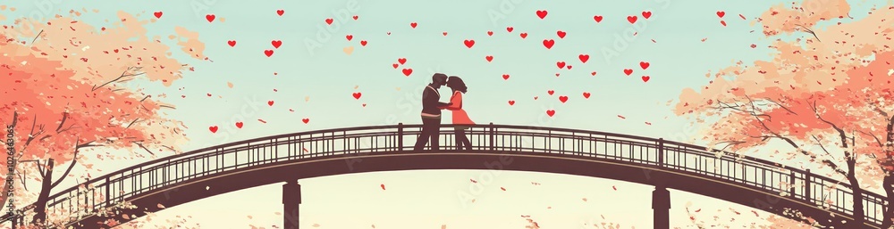 Canvas Prints A romantic scene of a couple embracing on a bridge with falling hearts in a serene setting.