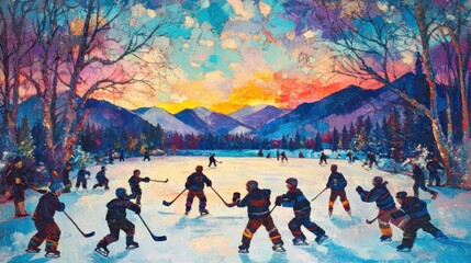 Children playing ice hockey on a frozen lake, set against the backdrop of winter trees and a vibrant sunset sky.