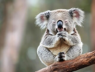 Fototapeta premium Koala on a eucalyptus branch, paws clasped, eyes closed, calm creature, forest prayer
