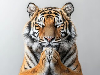 Fototapeta premium Tiger in a clearing, paws together, head bowed, fierce predator, silent meditation