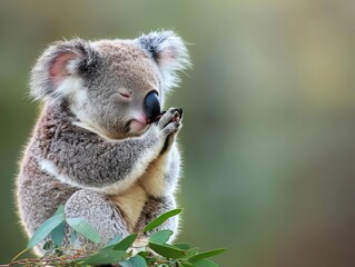 Obraz premium Koala on a eucalyptus branch, paws clasped, eyes closed, calm creature, forest prayer