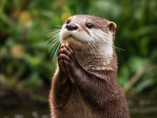 Otter with paws clasped, sitting by a stream, playful creature, gentle prayer