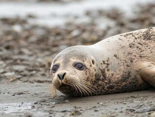 Seal on the shore, flippers together, head slightly bowed, playful creature, coastal meditation