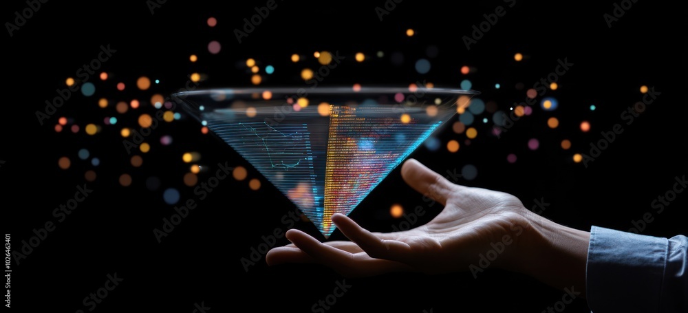 Aufkleber a hand holding a holographic cone displaying data and colorful particles.