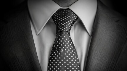 Classic black and white photo of a man suit collar and tie, showcasing formal attire with a timeless, elegant appeal.