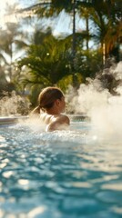 Fototapeta premium A serene scene of a person enjoying a relaxing soak in a warm pool surrounded by lush greenery and rising steam.