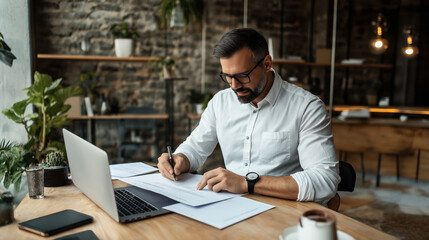 Man in white shirt working at desk with laptop and documents in modern office setting, surrounded by plants and brick wall background.