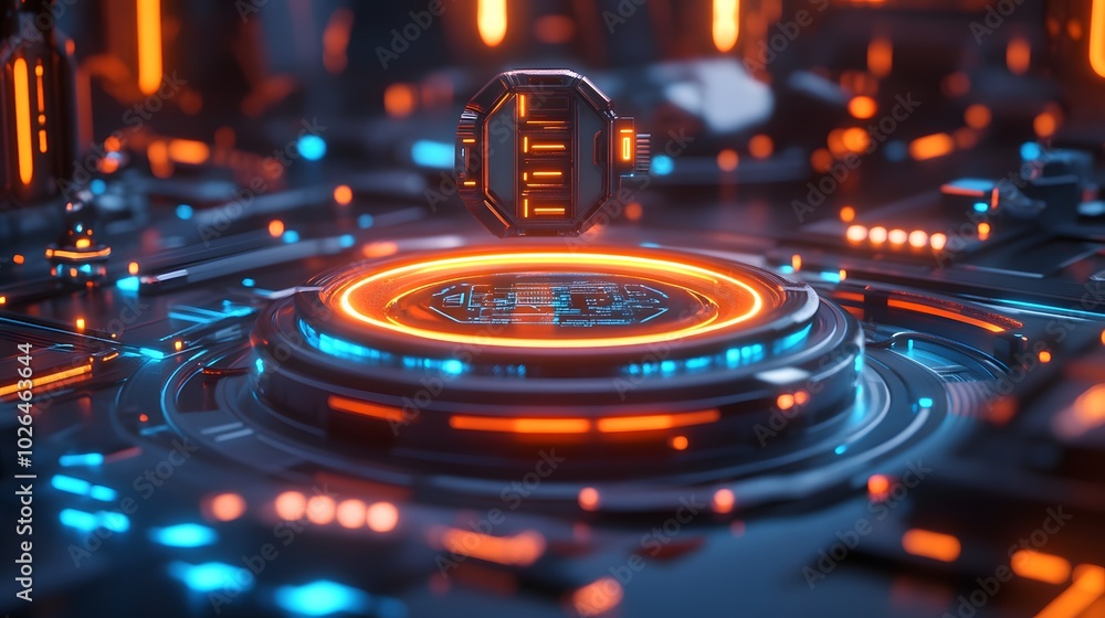 Poster 2. an intricate 3d design of a sci-fi podium showcasing a product, illuminated by pulsating neon acc