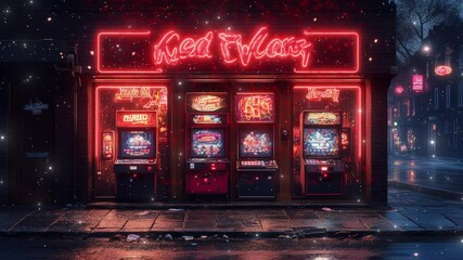 Discover the lively atmosphere of a neon-lit gaming arcade in a vibrant city, where excitement fills the air after dark. seamless looping 4K time-lapse virtual video animation background