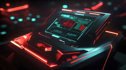 3. A dynamic 3D rendering of a sleek cyberpunk product podium, featuring angular shapes, glowing interfaces, and a dark, moody environment that highlights futuristic aesthetics