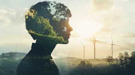 Double exposure graphic of business people working over wind turbine farm and green renewable energy worker interface. Concept of sustainability development by alternative energy. uds