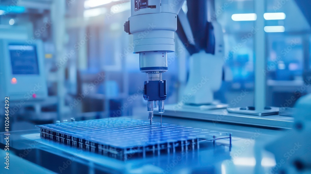 Poster a robotic arm with a multi-tool tip works on an assembly line in a high-tech factory.