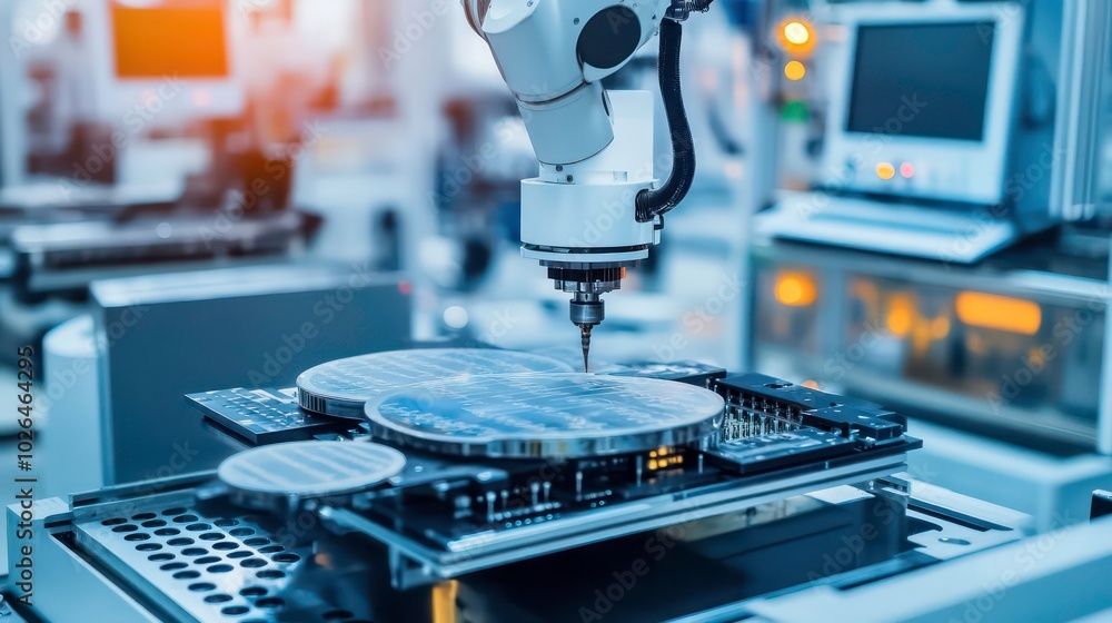 Poster a robotic arm working on a circuit board in a factory setting.