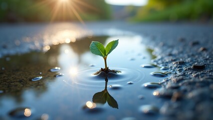 Naklejka premium Vibrant sprout in rain puddle under sunny sky