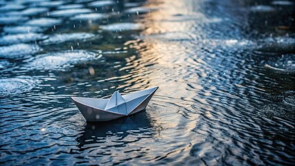 Fototapeta premium Paper boat sailing on rainy river