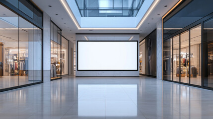 A large white sign hangs in the middle of a large, empty shopping mall
