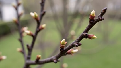 Fresh cherry blossom buds ready to bloom on tree branches in spring