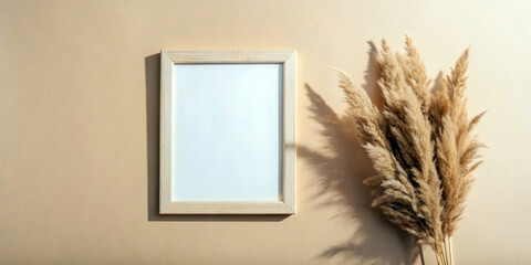 A blank picture frame is positioned on a neutral-toned wall beside a bunch of dried pampas grass. Soft lighting casts gentle shadows, creating a calm and minimalist aesthetic.AI generated.