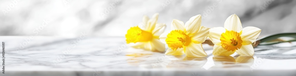 Poster A serene arrangement of daffodils on a marble surface, evoking calm and beauty.