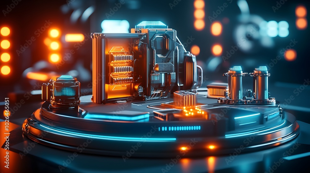 Poster 5. a captivating 3d rendering of a cyberpunk-themed podium display, complete with intricate lighting
