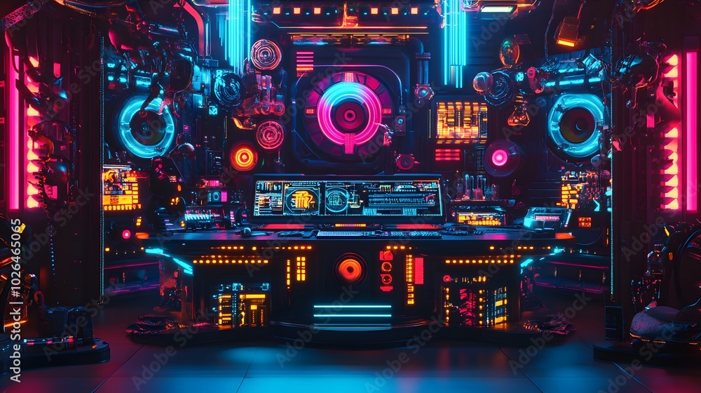 Poster 5. a captivating 3d rendering of a cyberpunk-themed podium display, complete with intricate lighting