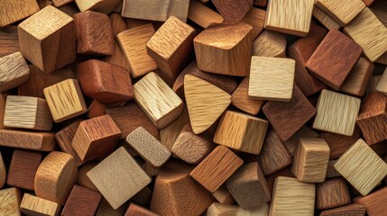 A close-up of various wooden blocks in different shapes and shades, showcasing natural textures.