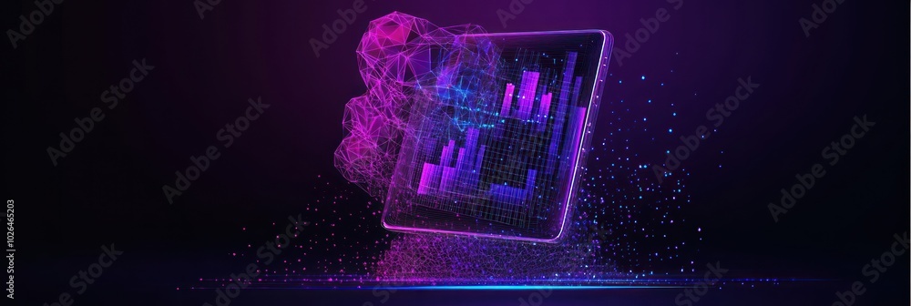Poster a digital tablet displaying data visualizations in a vibrant, abstract design.